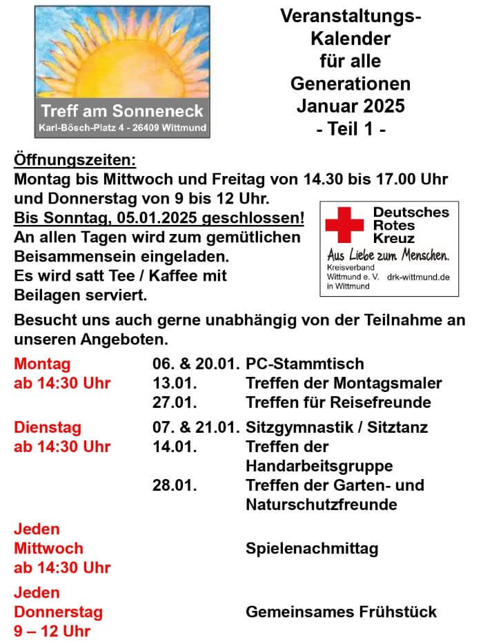 Veranstaltungskalender Treff am Sonneneck Januar 2025